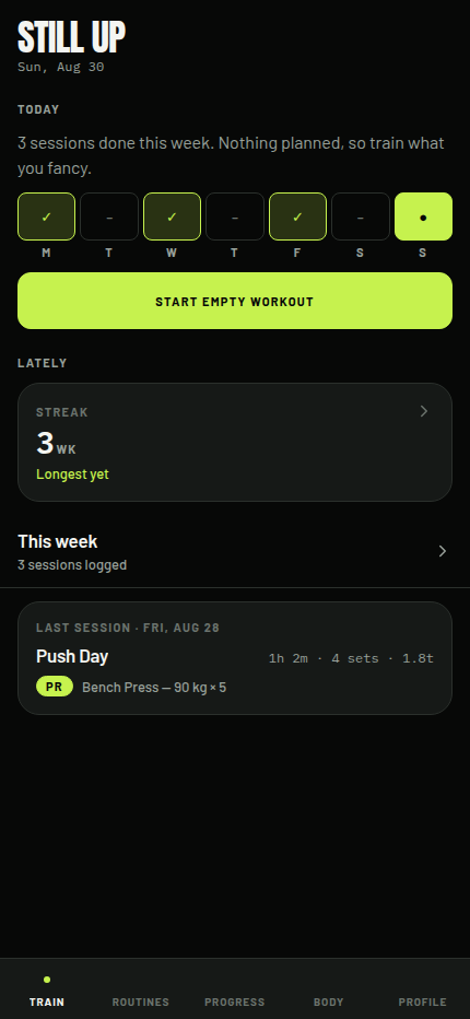 The home screen: three sessions this week, a three-week streak, and a start button in volt.