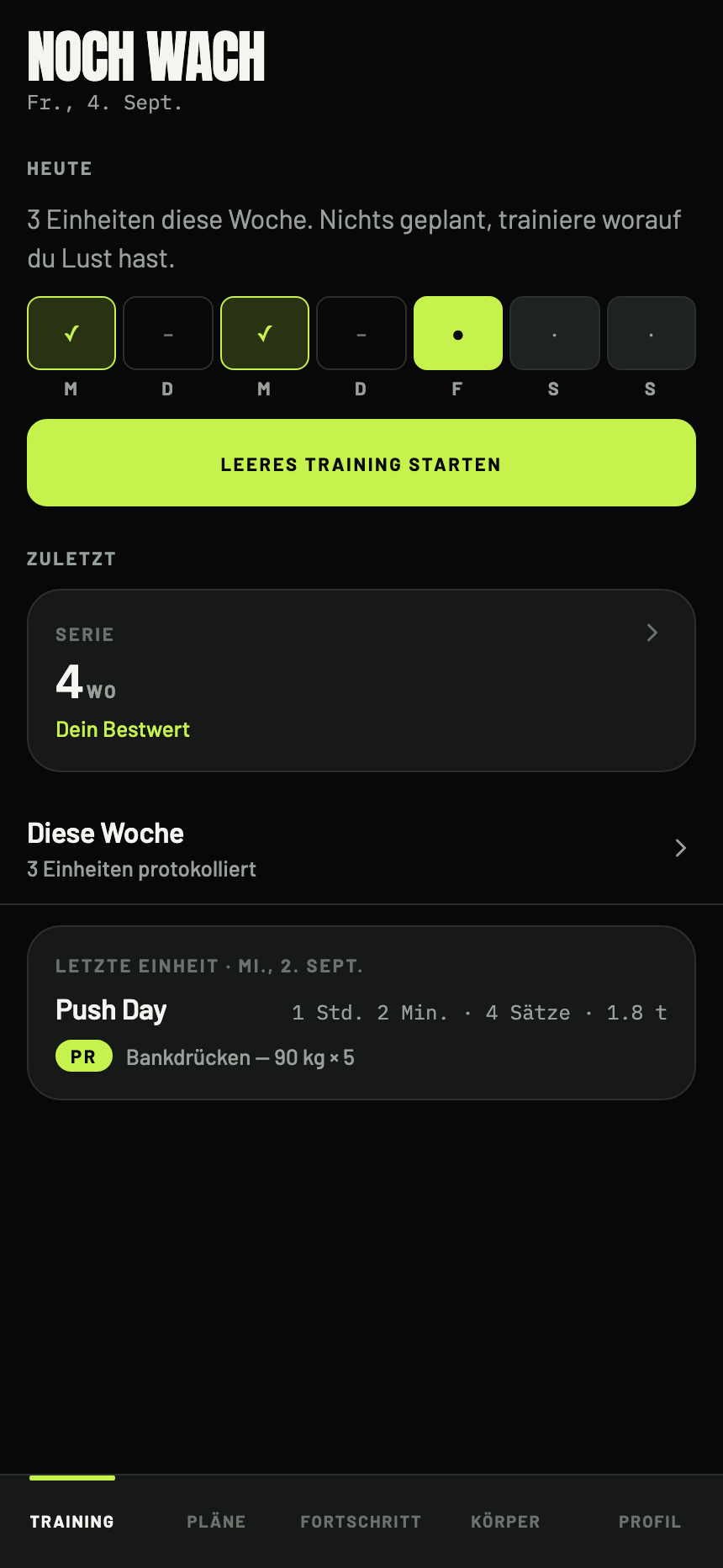 The home screen with the same week of training, in de.