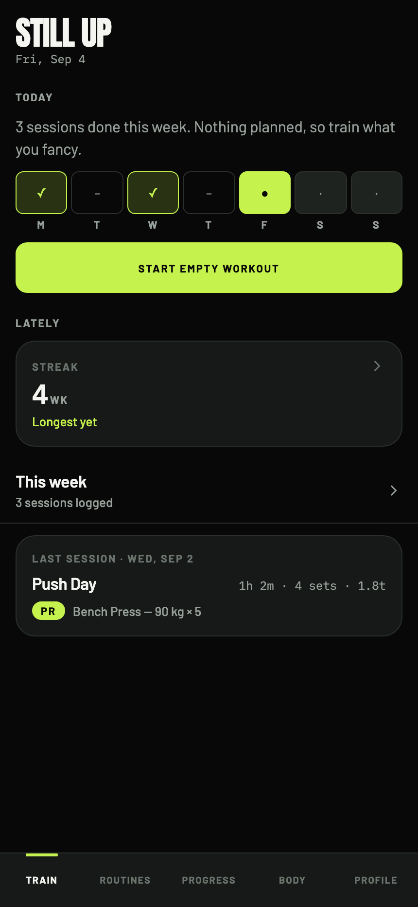 The home screen with the same week of training, in en.