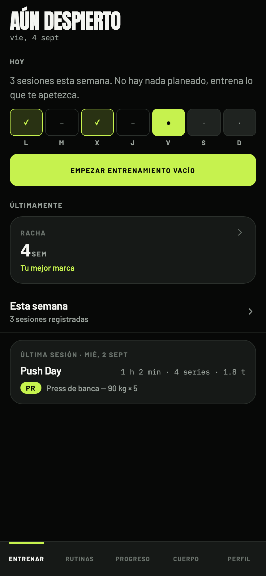 The home screen with the same week of training, in es.