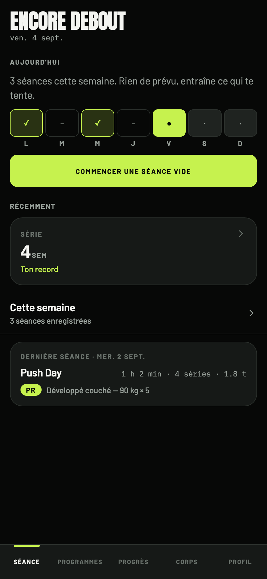 The home screen with the same week of training, in fr.