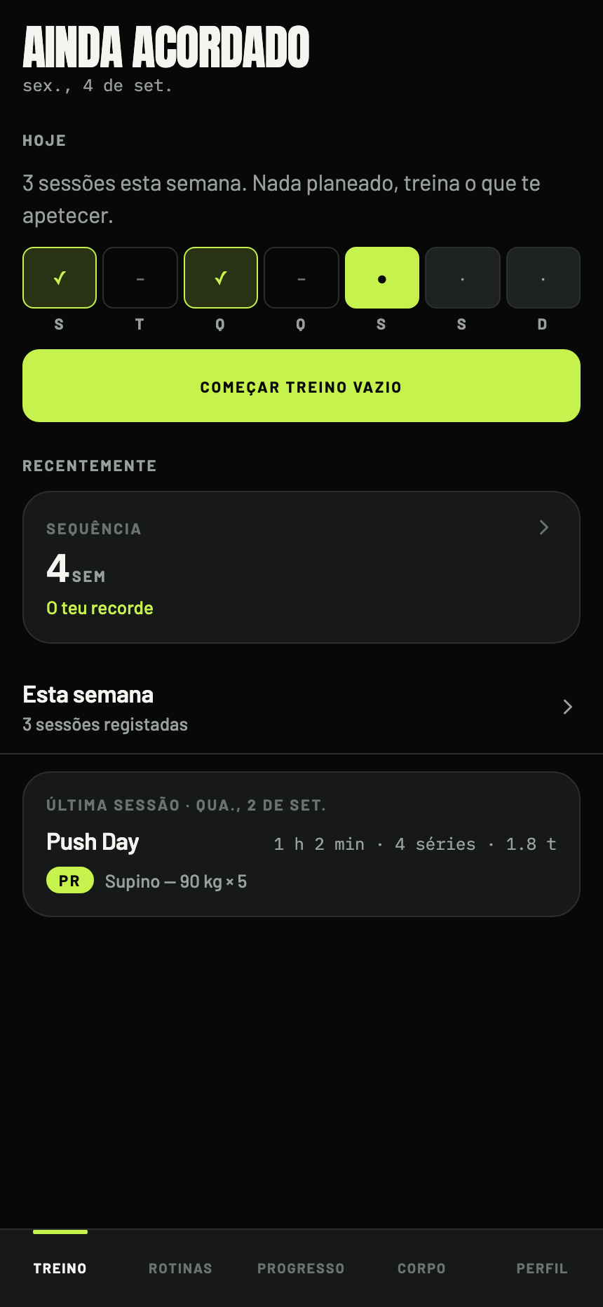 The home screen with the same week of training, in pt.