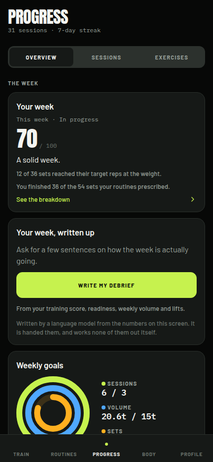The training-quality card in the dark appearance: the week’s score on an ink ground with a volt accent.