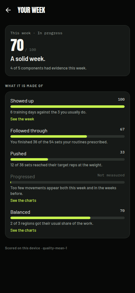 The training-quality breakdown: the week scored out of a hundred, with a bar for each of the five components behind it.